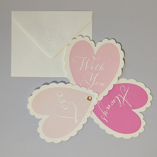 Sculptural heart notecard with three layered hearts and brass rivet, Rose colorway