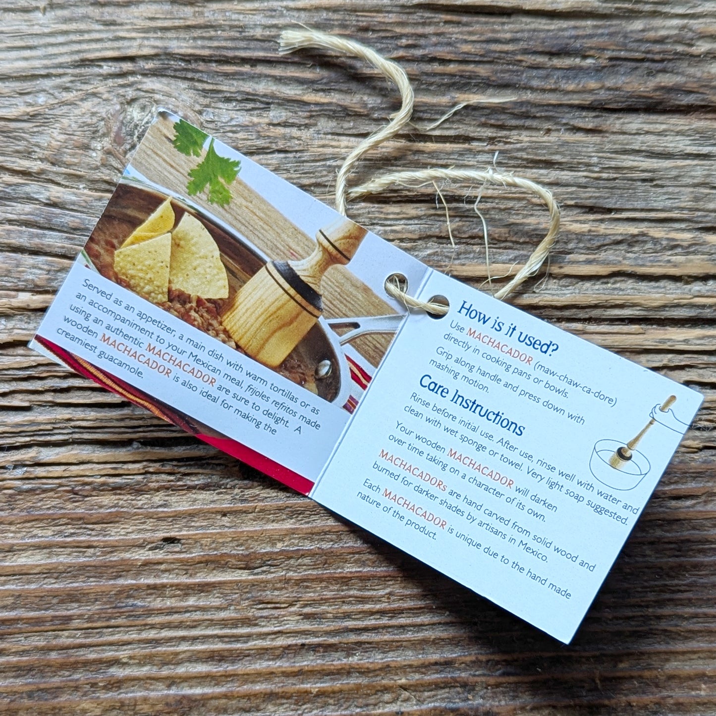 Instructional hang tag for the hand carved wooden Machacador masher
