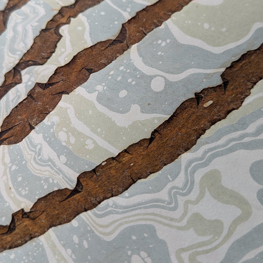 Detail of brown seaweed fronds appearing to sway over smoky and pale marbled paper, showing fluid texture and ink patterns.