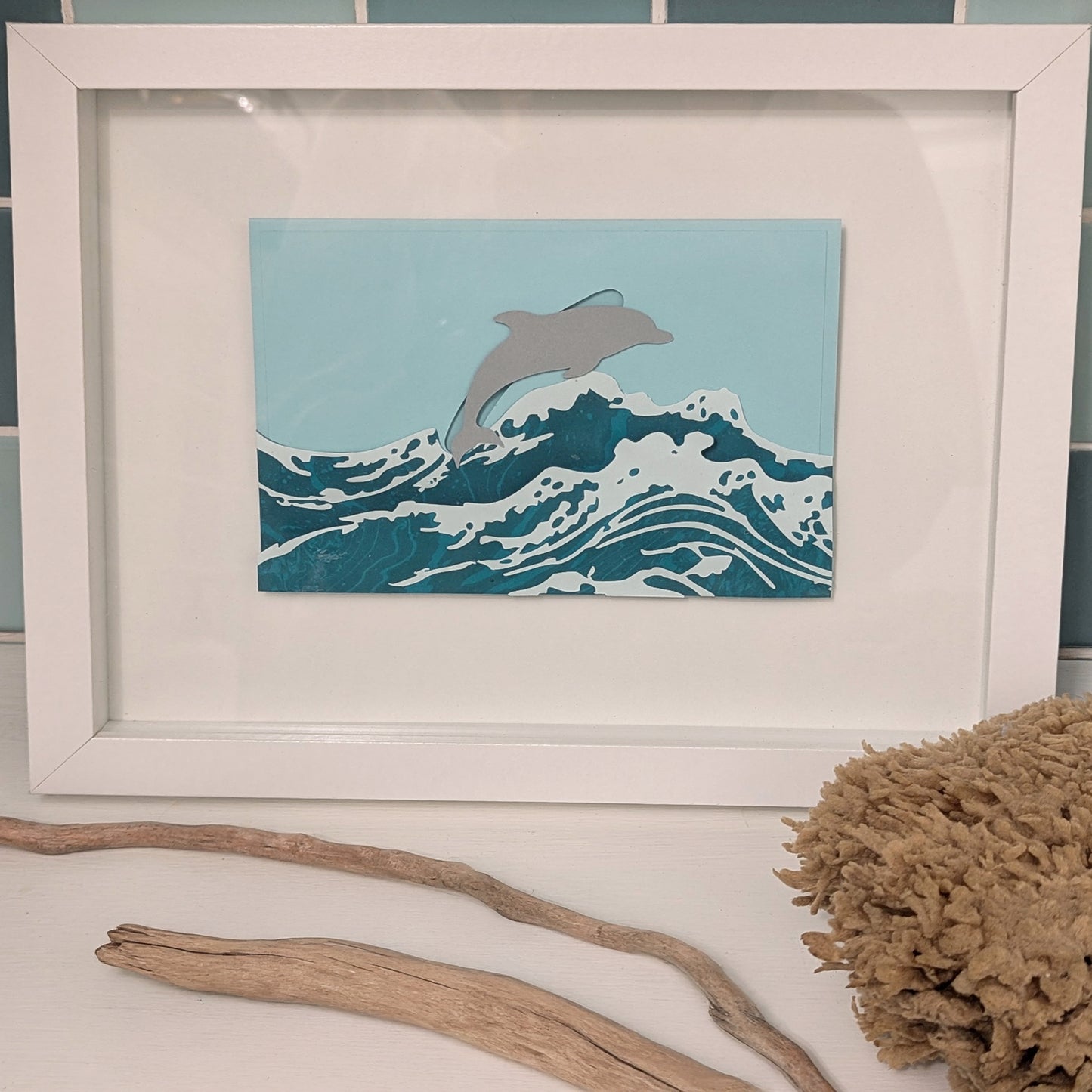 Surfin’ Flipper slider notecard framed as coastal wall art.