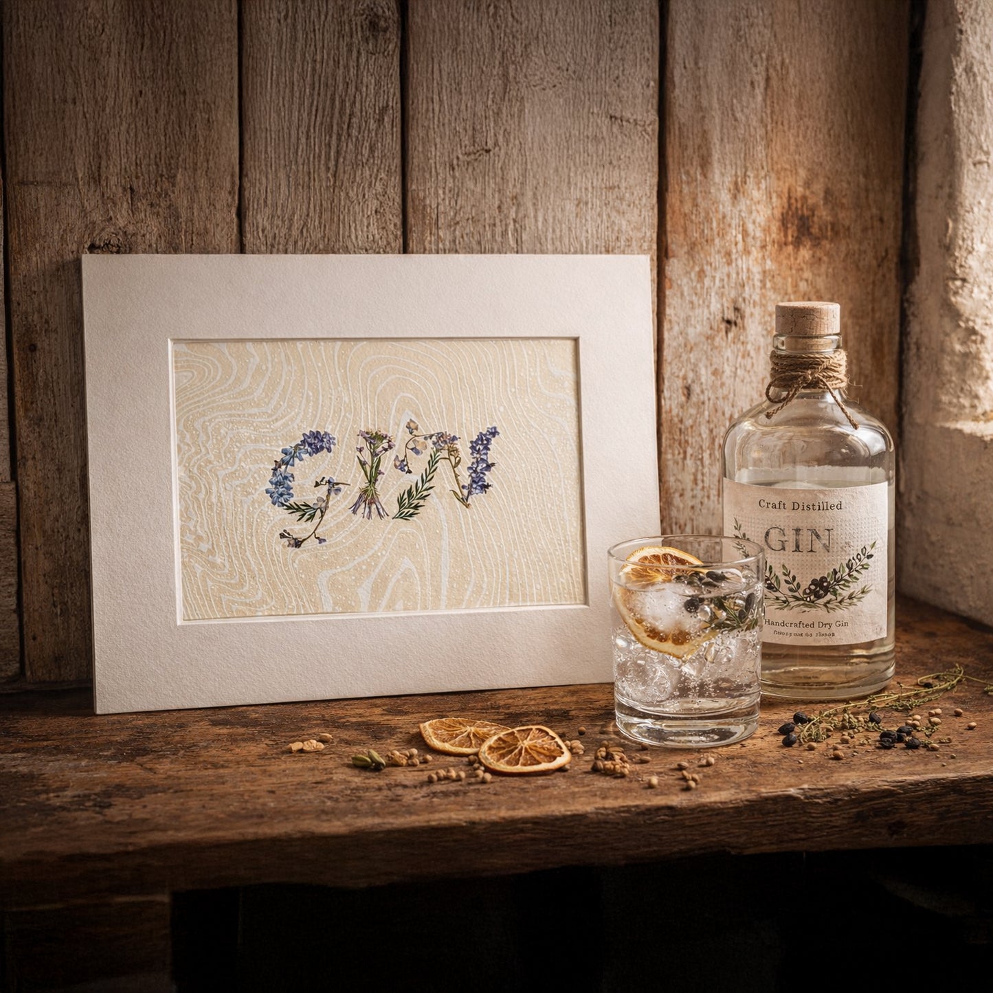 Pressed floral word “GIN” on marbled Suminagashi paper, matted artwork styled with cocktail glass and botanical elements on rustic wood surface