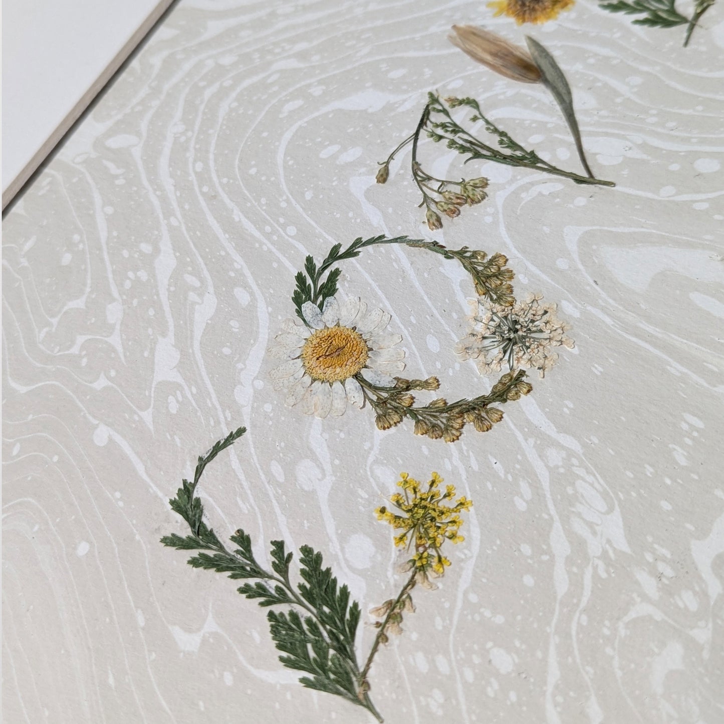 Close-up of pressed flower “LOVE” composition featuring daisy, yellow wildflowers, and green foliage arranged on a taupe Suminagashi marbled paper.