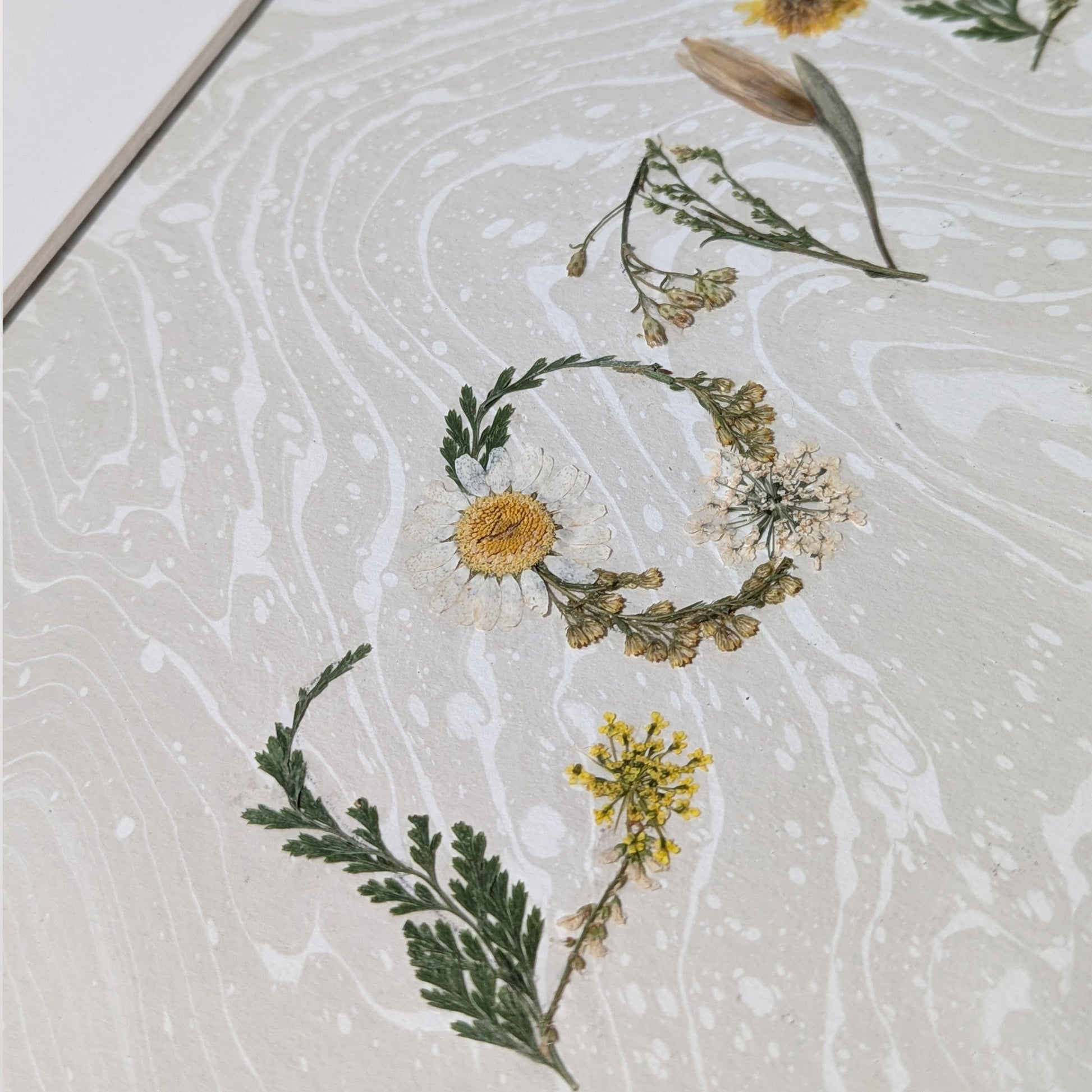 Close-up of pressed flower “LOVE” composition featuring daisy, yellow wildflowers, and green foliage arranged on a taupe Suminagashi marbled paper.