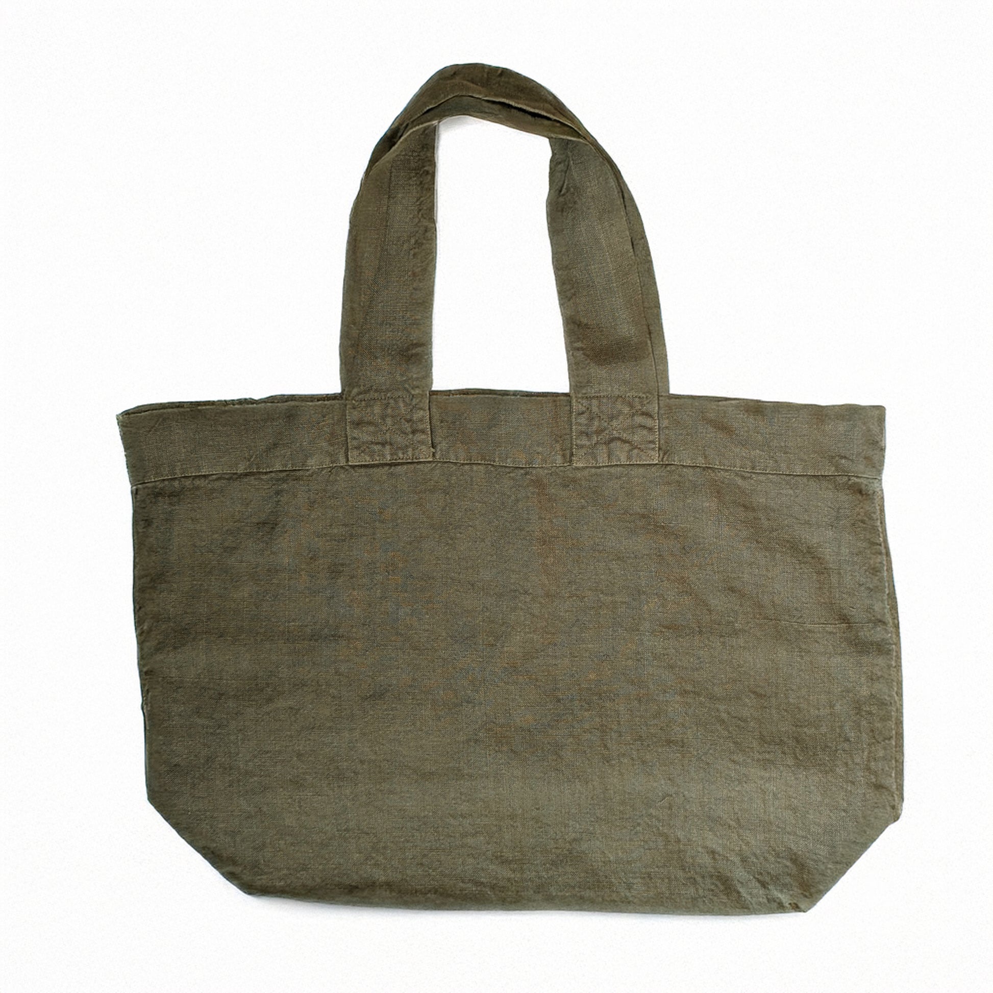 Front view of olive linen Escapade tote bag by Charvet Éditions with wide carry handles