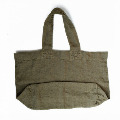 Olive Escapade tote showing structured bottom gusset and durable linen construction