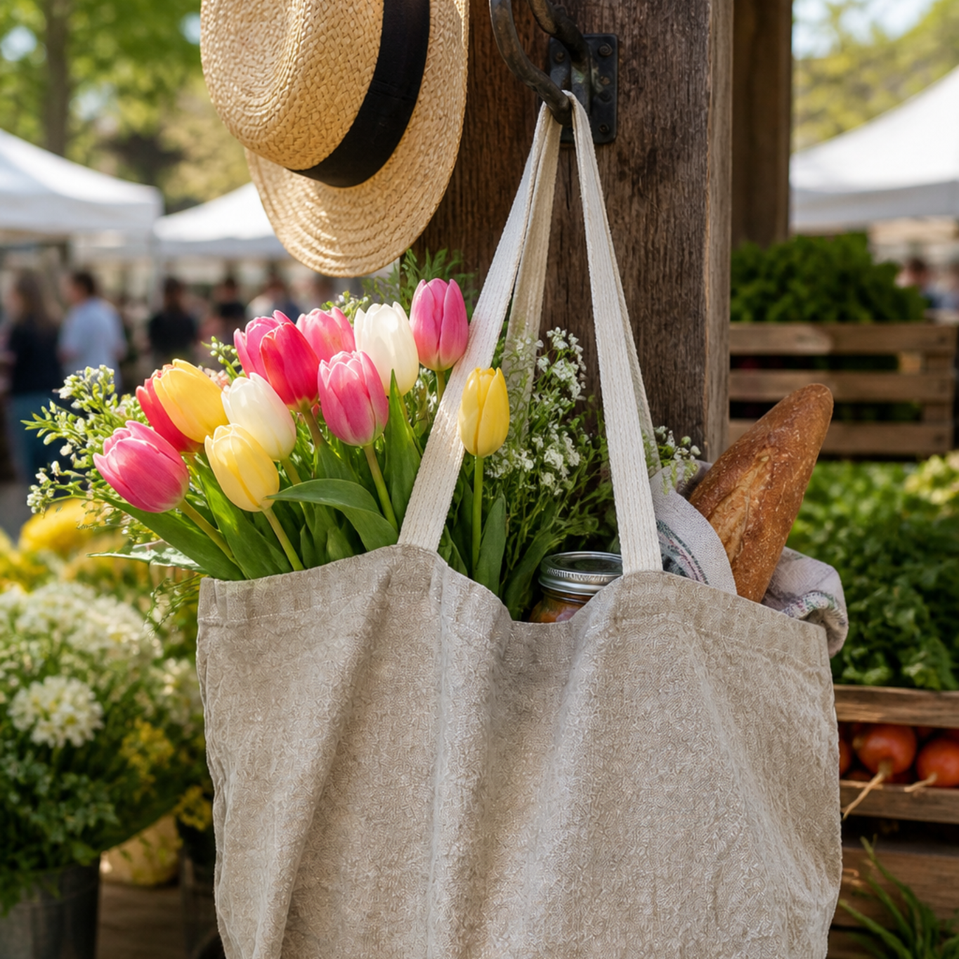 Doudou Linen Tote Bag by Charvet Éditions filled with fresh flowers and artisan bread at an outdoor farmers market. Oversized natural linen market tote crafted in France for shopping, beach days, and everyday carry.