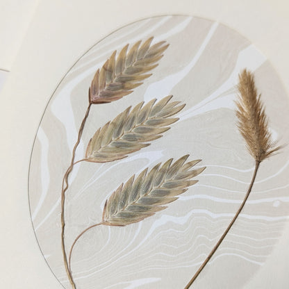 Close-up of Walking Dunes Oat Grass pressed flora notecard showing three oat-like seed heads and a feathery grass plume over hand-marbled Suminagashi paper.