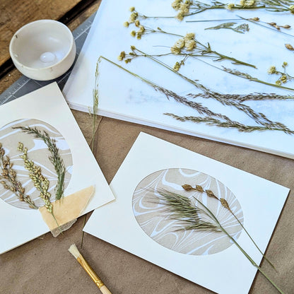 CEDAR Y SAND Walking Dunes pressed flora notecards being handcrafted with dried grasses and neutral hand-marbled Suminagashi paper.
