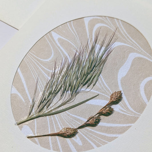 close-up  of Walking Dunes Wisp pressed flora notecard featuring fine wispy grass and seed heads over flowing neutral hand-marbled Suminagashi paper.