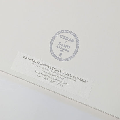 Reverse of Field Reverie artwork showing the CEDAR Y SAND studio stamp and Gathered Impressions label documenting hand-gathered East Hampton botanicals and Suminagashi.