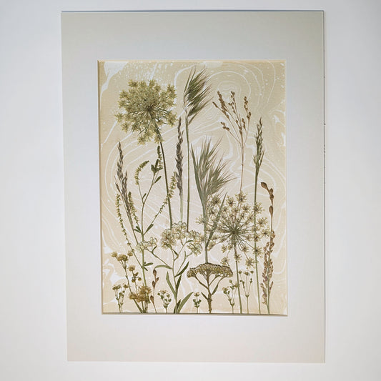 Late Meadow one-of-a-kind pressed botanical composition with East Hampton grasses, seed heads and wild flora over warm neutral Suminagashi, matted 12 x 16 inches.