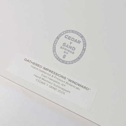 Reverse of Windward botanical artwork showing the CEDAR Y SAND studio stamp and Gathered Impressions label identifying hand-gathered East Hampton botanicals and hand-marbled Suminagashi, 2026.