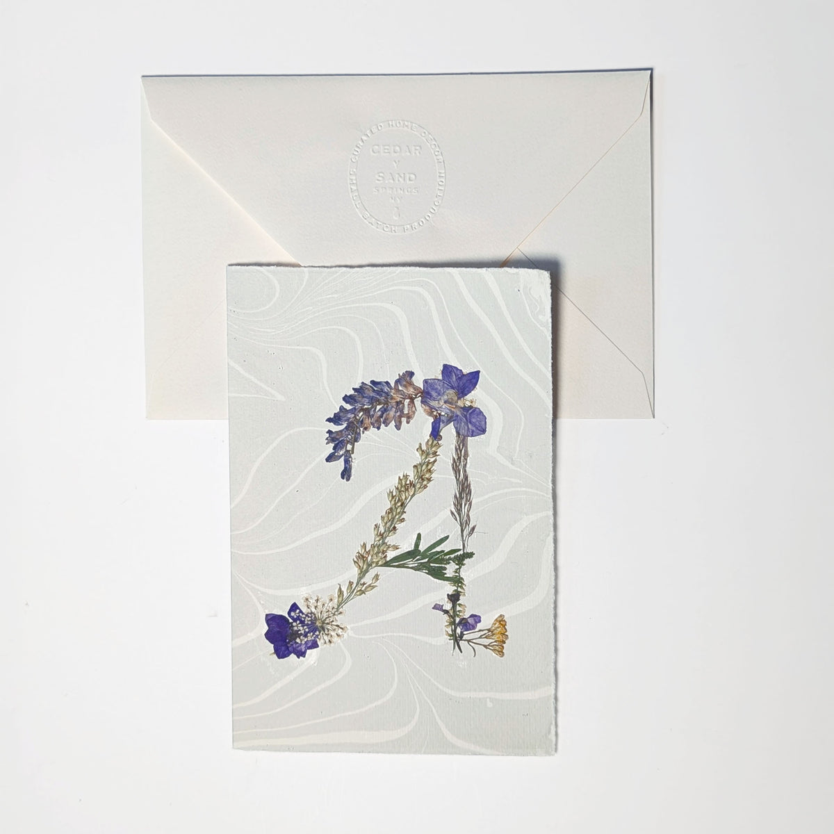 Pressed floral letter A notecard on cool gray Suminagashi paper with envelope, handmade botanical initial card