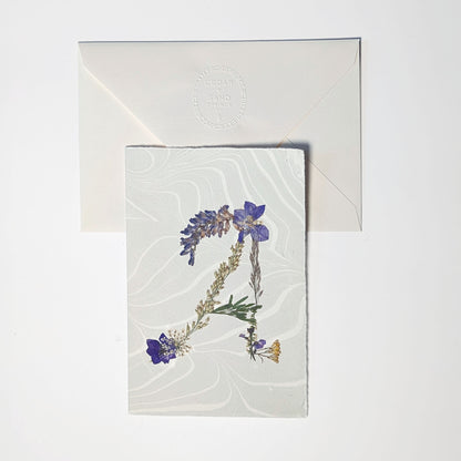 Pressed floral letter A notecard on cool gray Suminagashi paper with envelope, handmade botanical initial card