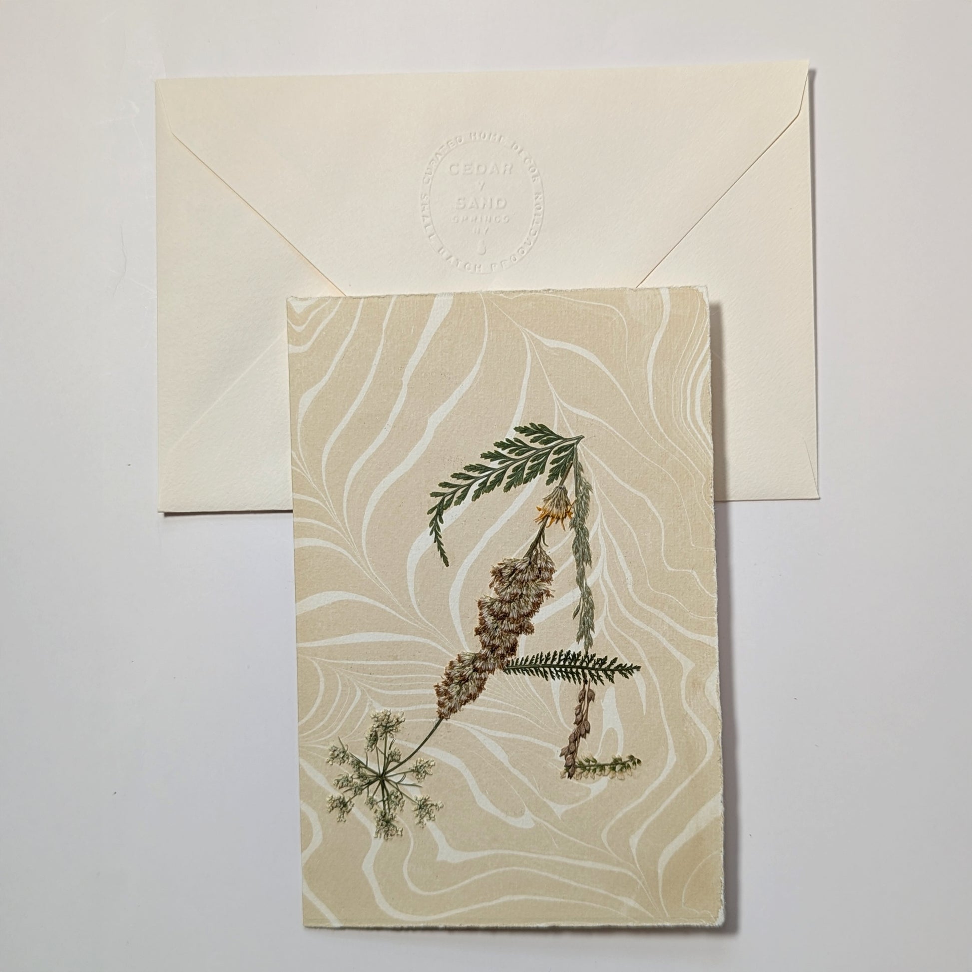 Pressed floral letter A notecard on warm neutral Suminagashi paper with envelope, handmade botanical initial card