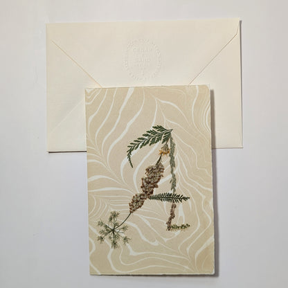 Pressed floral letter A notecard on warm neutral Suminagashi paper with envelope, handmade botanical initial card