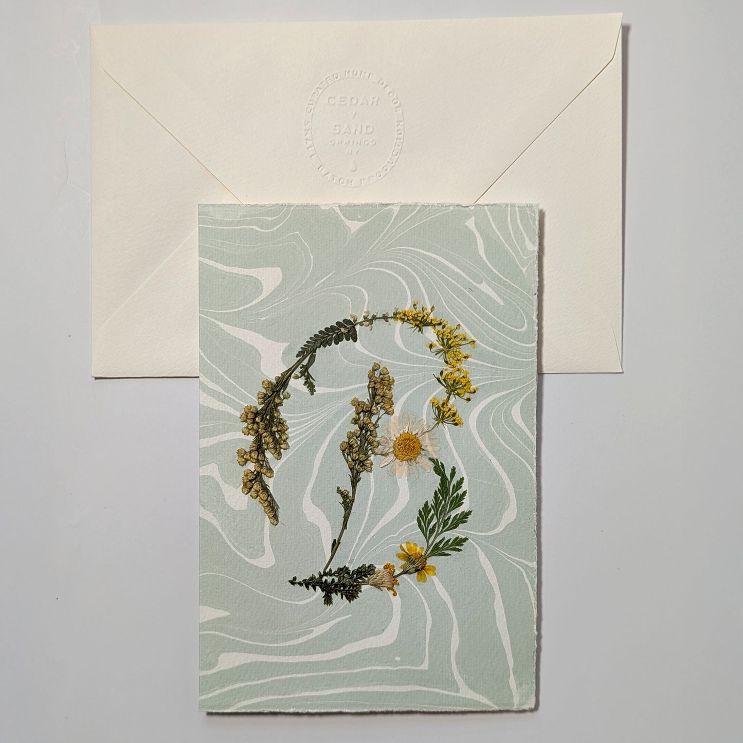 Pressed botanical letter B notecard on neutral marbled paper with envelope, handmade floral stationery
