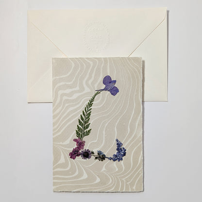 Pressed botanical letter L notecard on neutral Suminagashi paper with envelope, handmade floral initial card by CEDAR Y SAND