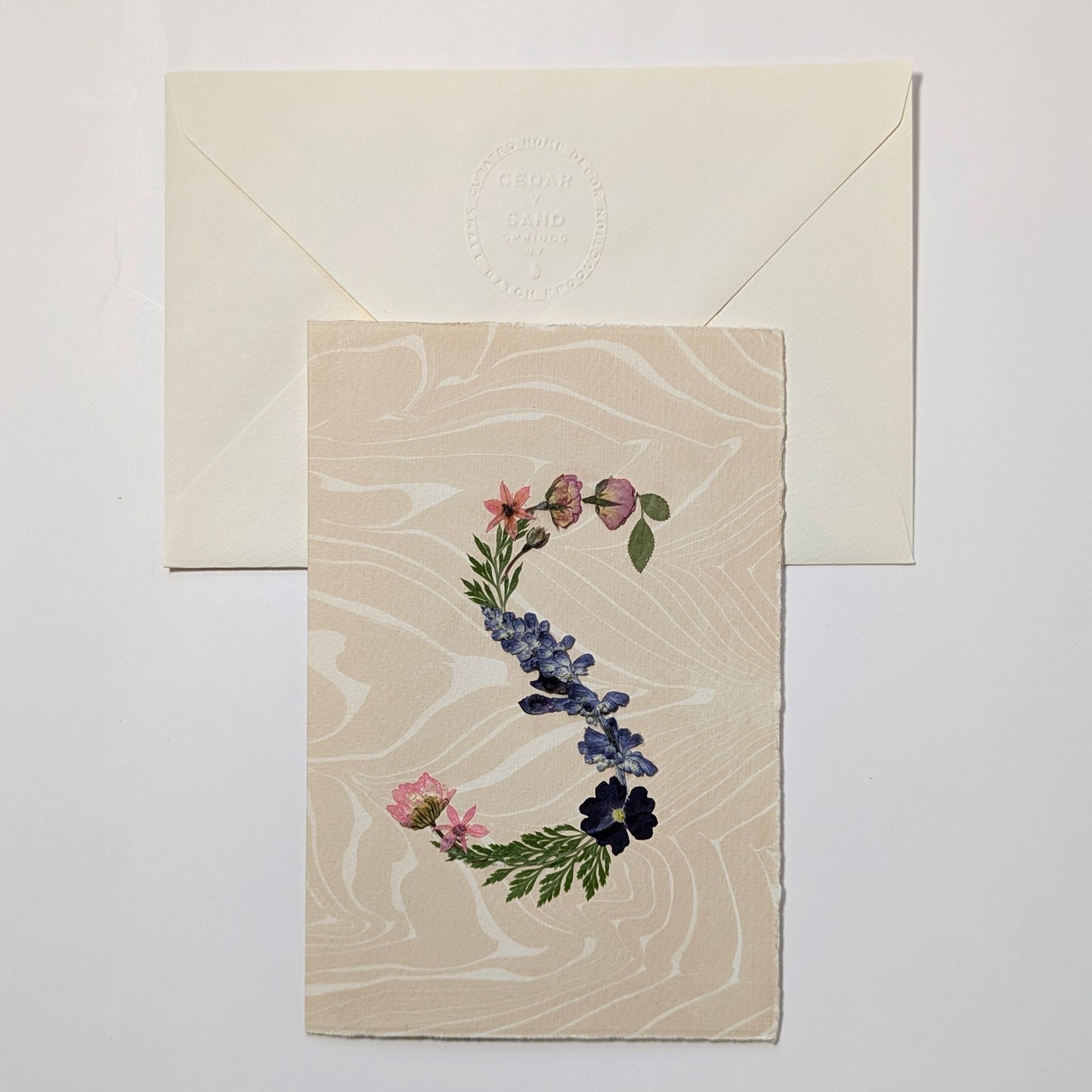 Pressed floral letter S notecard on marbled Suminagashi paper with envelope, handmade botanical initial stationery