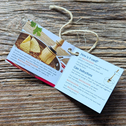 Instructional hang tag for the hand carved wooden Machacador masher 