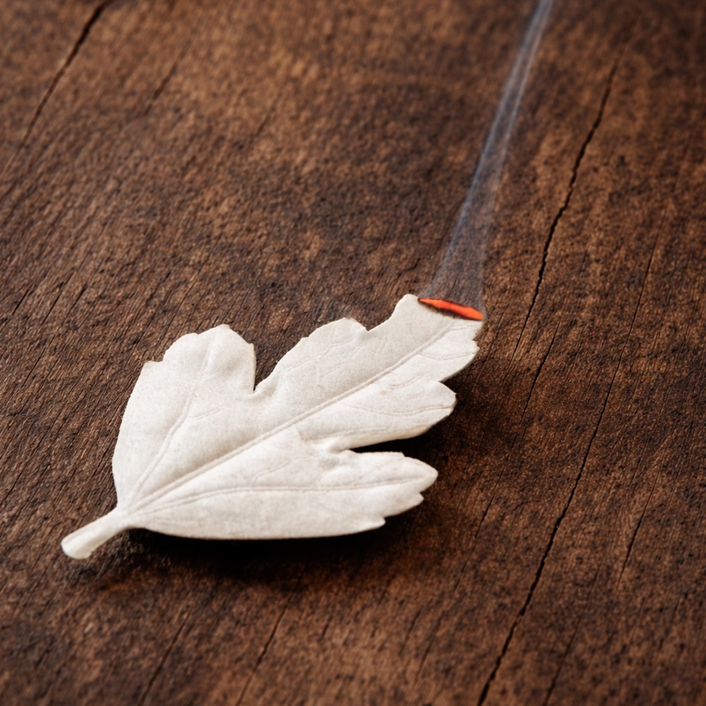 HA KO Agarwood paper leaf incense burning on rustic wooden surface, Japanese incense ritual by Kunjudo