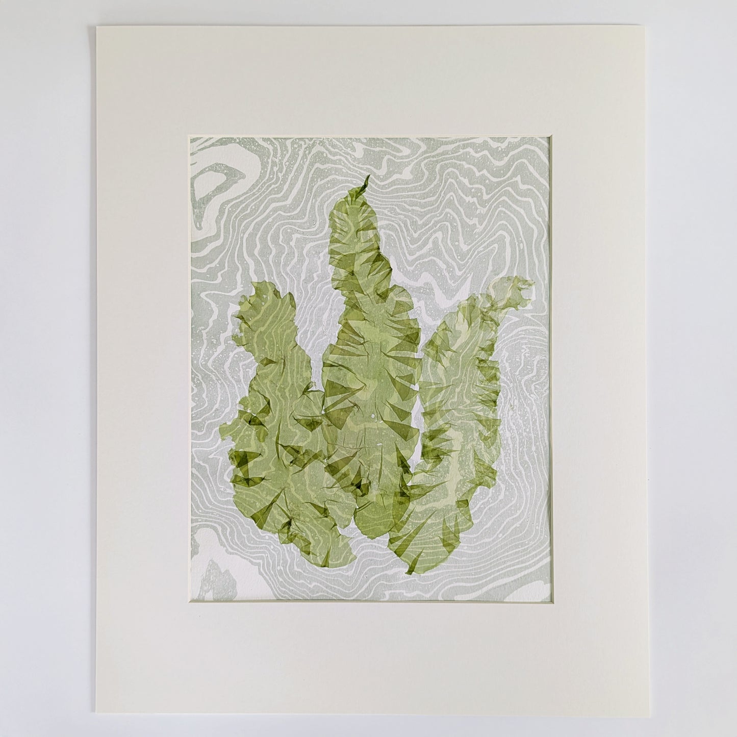 Pressed sea lettuce seaweed artwork (Ulva lactuca) on green-toned suminagashi marbled paper, matted and ready to frame