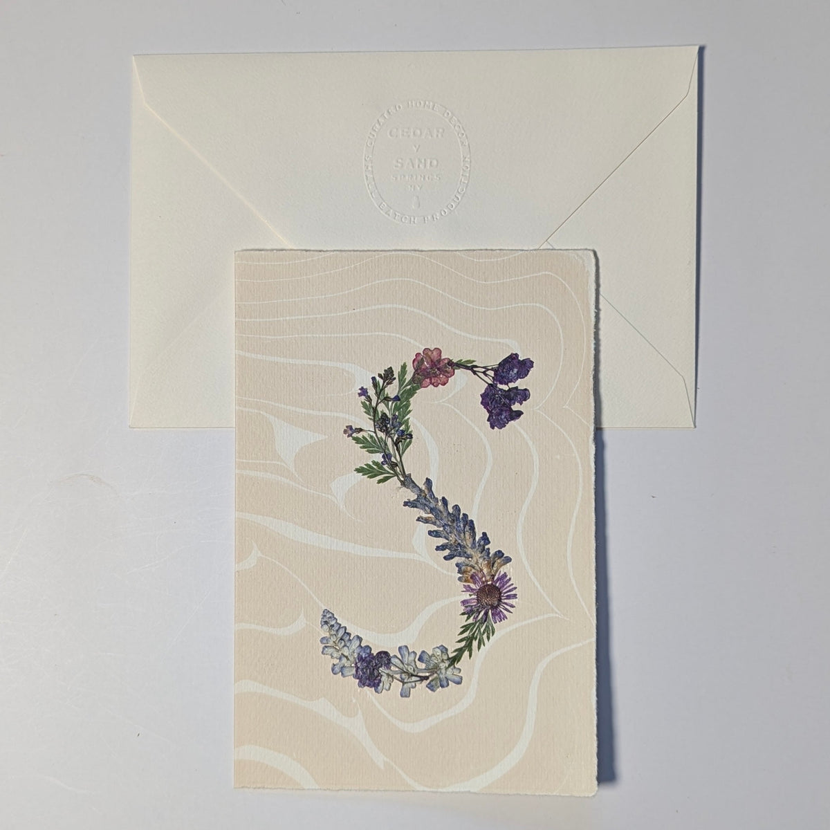 Pressed floral letter S notecard on marbled Suminagashi paper with envelope, handmade botanical initial stationery