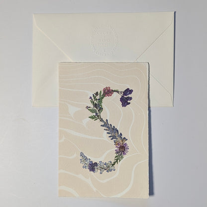 Pressed floral letter S notecard on marbled Suminagashi paper with envelope, handmade botanical initial stationery