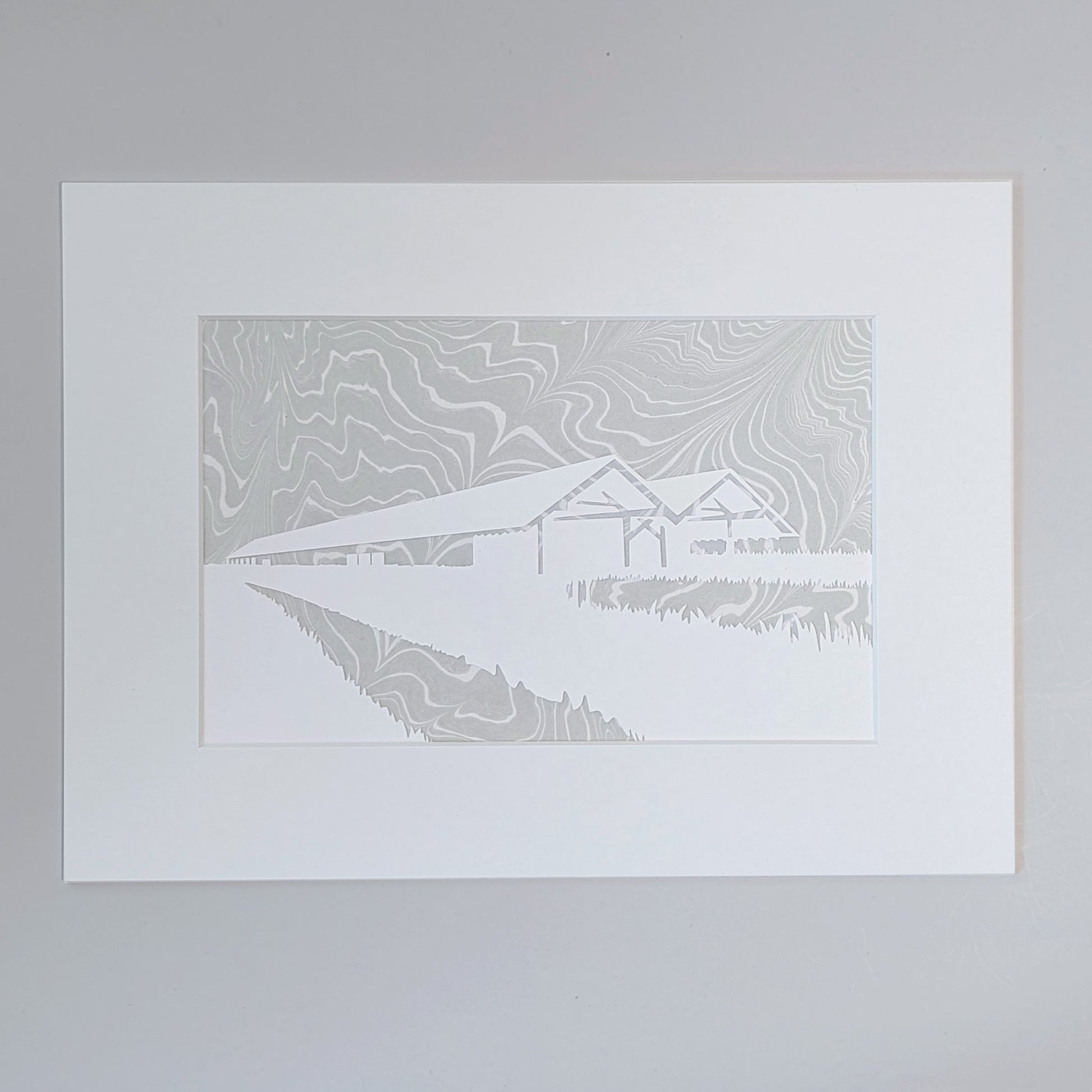Parrish Art Museum paper silhouette art with fog-gray marbled background, mounted in white archival mat.