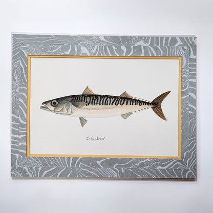 Straight-on view of the full double-matted Mackerel artwork against a clean white background, showing marbled mat and centered portrait.