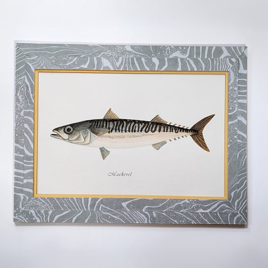 Straight-on view of the full double-matted Mackerel artwork against a clean white background, showing marbled mat and centered portrait.