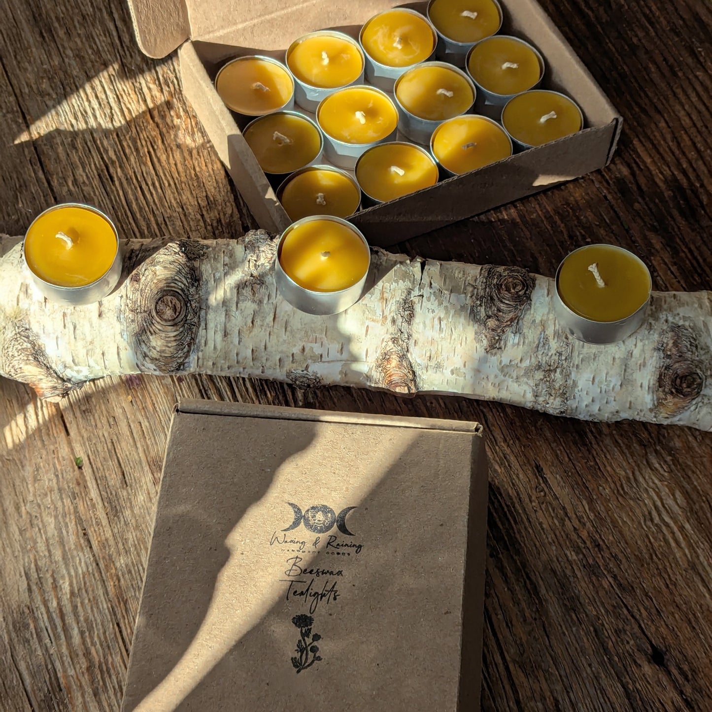 Pure beeswax tealights arranged on a birch branch and rustic wood table with warm sunlight, next to an open box of candles and Kraft packaging.