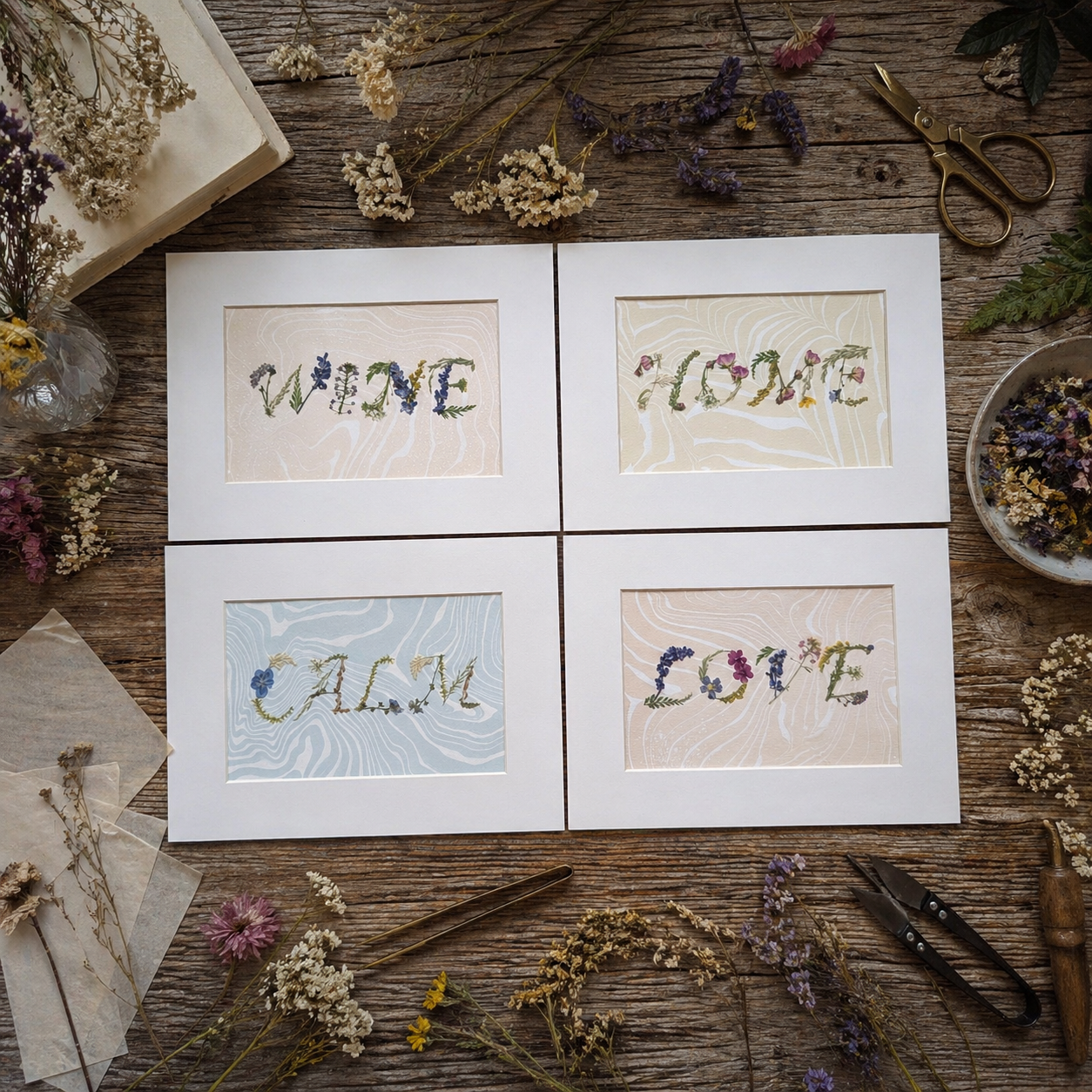 Pressed floral word art collection featuring CALM, HOME, WINE, and GIN on hand-marbled Suminagashi paper, matted botanical artwork by CEDAR Y SAND