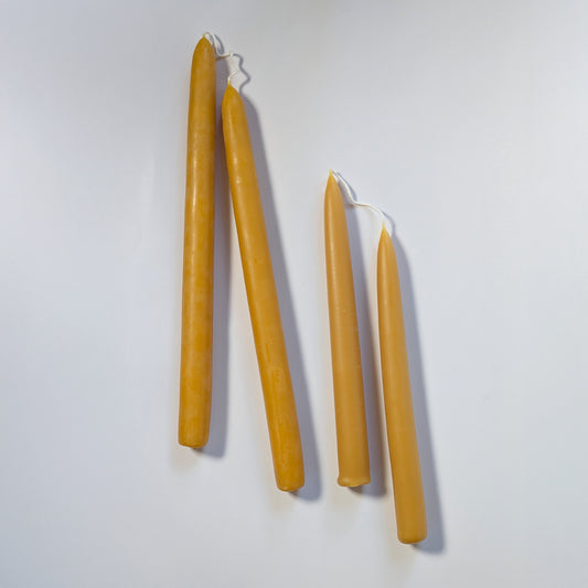 Pure beeswax candlesticks in two heights arranged on a white background, showing natural golden tones and handcrafted quality.